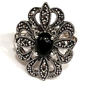 BOGO > Elegant Vintage Sterling Silver Marcasite Faux Onyx Ring